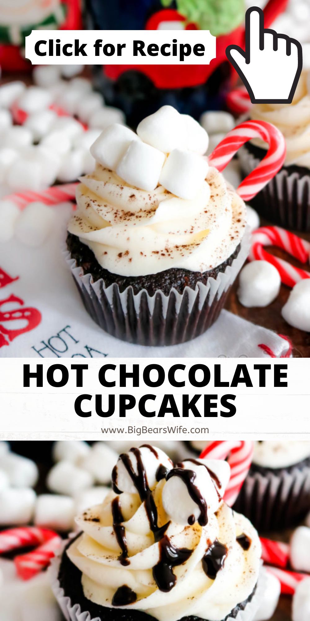 Hot Chocolate Cupcakes - Whip up your favorite hot chocolate mix into these Hot Chocolate Cupcakes for the perfect winter evening treat! Top them with homemade marshmallow frosting and decorate them with mini marshmallows, mini candy canes and chocolate syrup to look like tiny mugs of hot cocoa!  via @bigbearswife