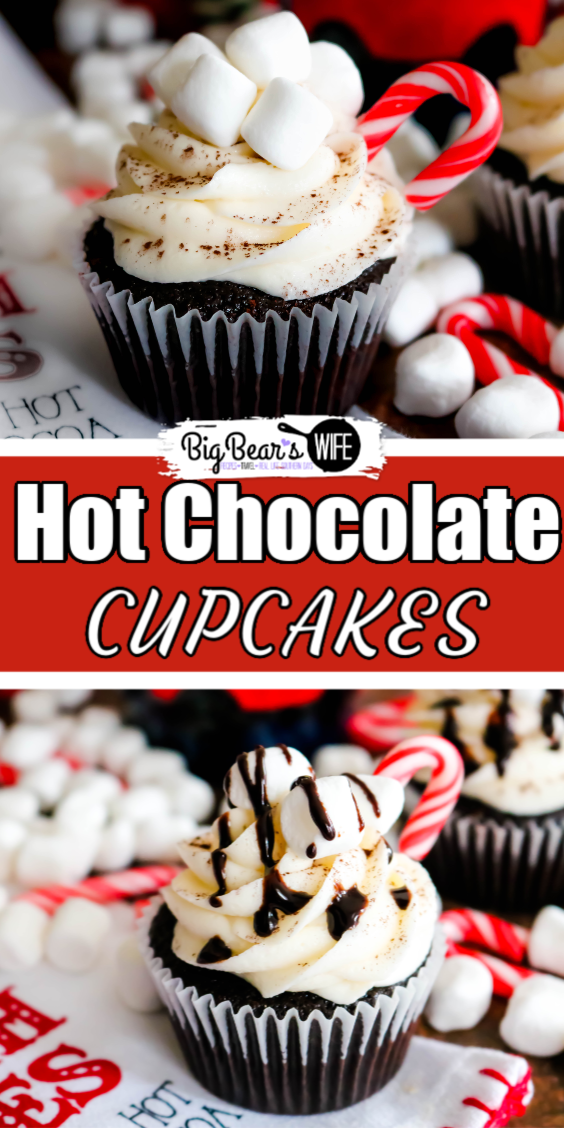 Hot Chocolate Cupcakes - Whip up your favorite hot chocolate mix into these Hot Chocolate Cupcakes for the perfect winter evening treat! Top them with homemade marshmallow frosting and decorate them with mini marshmallows, mini candy canes and chocolate syrup to look like tiny mugs of hot cocoa!  via @bigbearswife