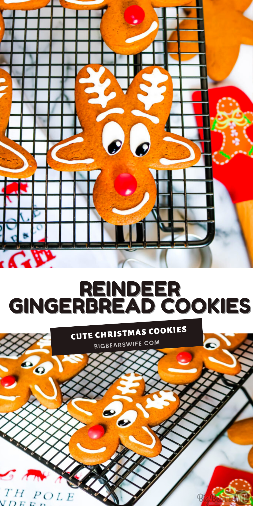 These adorable Reindeer Gingerbread Cookies are made using an upside down gingerbread man cookie cutter, royal icing and a red chocolate candy for the nose!  via @bigbearswife