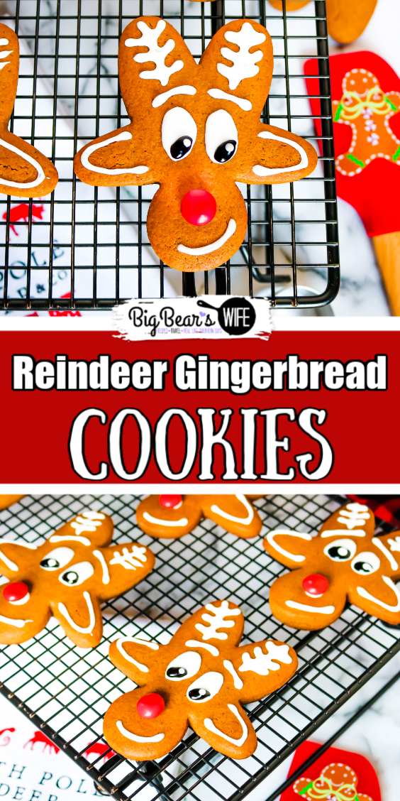 Reindeer Gingerbread Men Cookies - Upside Down Gingerbread Man Reindeer Cookies - These adorable Reindeer Gingerbread Cookies are made using an Upside Down Gingerbread Man cookie cutter, royal icing and a red chocolate candy for the nose!  via @bigbearswife