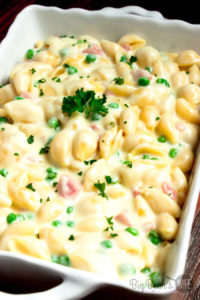 White Cheddar Macaroni and Cheese with Ham and Peas