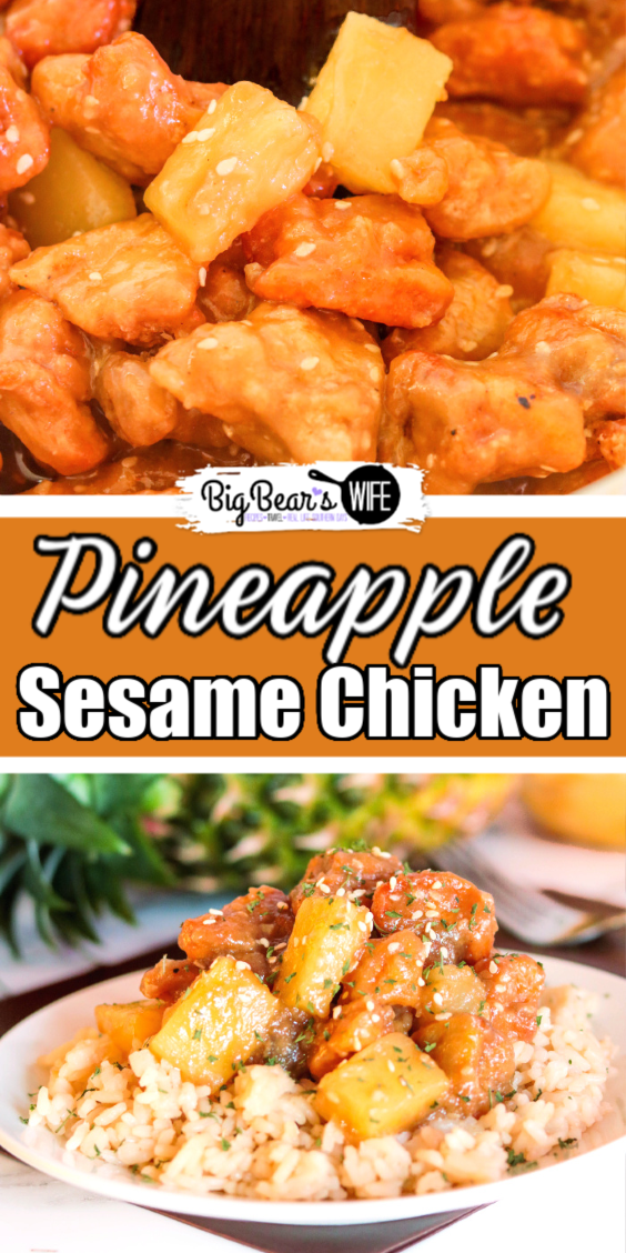 Pineapple Sesame Chicken - This Pineapple Sesame Chicken is a combination of  crispy pieces of chicken and juicy chunks of pineapple tossed together in a homemade sesame sauce and served over rice. It is the perfect make at home “take out”.  via @bigbearswife