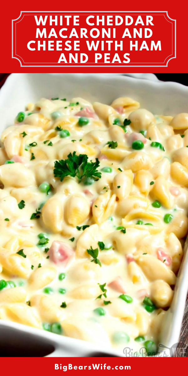 Once you've tasted this homemade version of mac and cheese you’ll wonder why you’ve waited so long to make macaroni and cheese from scratch. This White Cheddar Macaroni and Cheese with Ham and Peas is great all year but it's perfect during the holidays for using up leftover holiday ham! via @bigbearswife