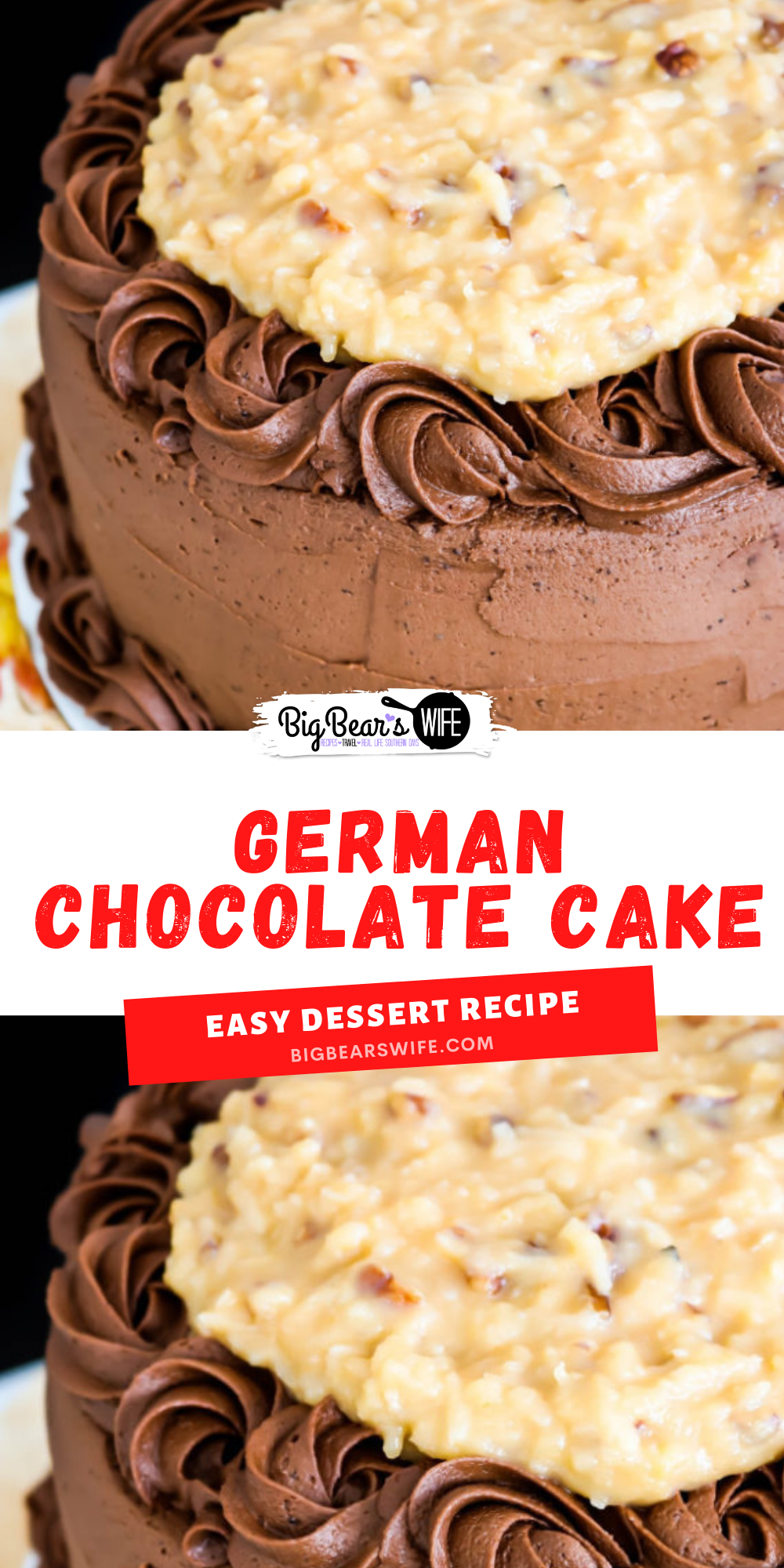 This German Chocolate Cake has three layers of amazing homemade chocolate cake, frosted with a homemade chocolate frosting and topped with a delicious pecan coconut filling!

 via @bigbearswife