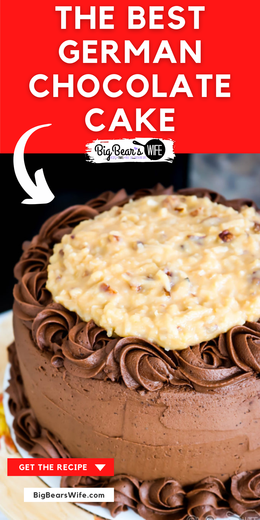 This German Chocolate Cake has three layers of amazing homemade chocolate cake, frosted with a homemade chocolate frosting and topped with a delicious pecan coconut filling! via @bigbearswife