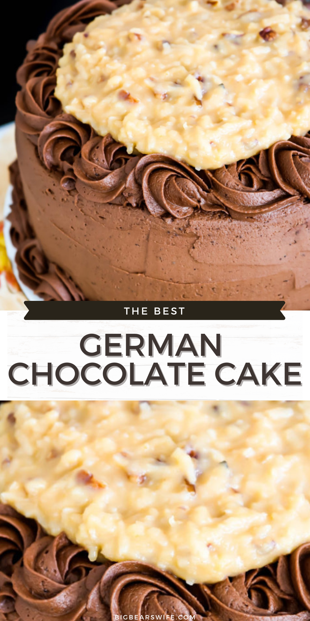 This German Chocolate Cake has three layers of amazing homemade chocolate cake, frosted with a homemade chocolate frosting and topped with a delicious pecan coconut filling!

 via @bigbearswife