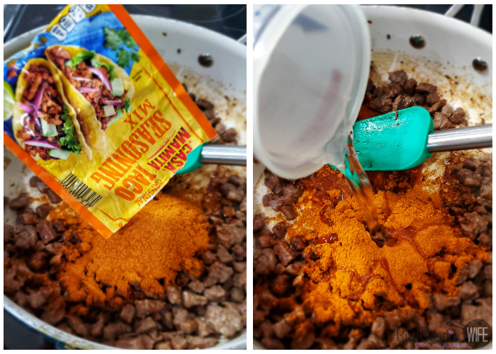 adding taco seasoning and water to lean beef bites