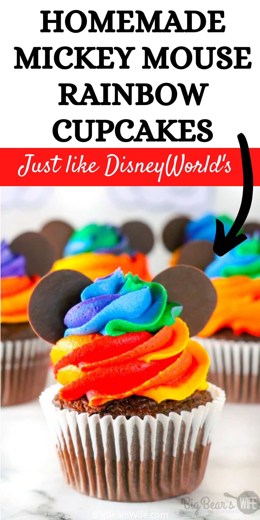 Combine the magic of Disney with the beauty of a rainbow with these adorable Homemade Mickey Mouse Rainbow Cupcakes! Inspired by the Mickey rainbow cupcakes sold at Walt Disney World, I'll show you how to make them at home!  via @bigbearswife