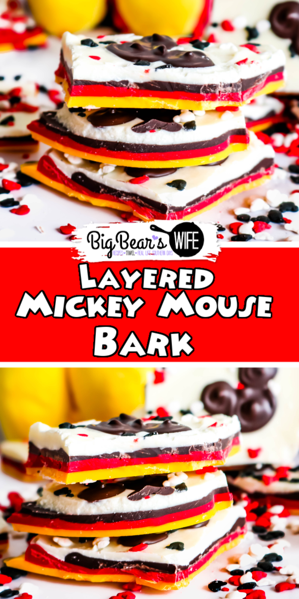 This Layered Mickey Mouse Bark is a fun Mickey Mouse inspired treat that shows off all of Mickey's signature colors! This Mickey bark is super easy to make and would be a perfect dessert or party favor for any Disney fan! via @bigbearswife