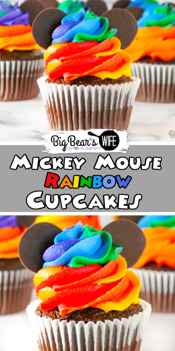 Homemade Mickey Mouse Rainbow Cupcakes - Combine the magic of Disney with the beauty of a rainbow with these adorable Homemade Mickey Mouse Rainbow Cupcakes! Inspired by the Mickey rainbow cupcakes sold at Walt Disney World, I'll show you how to make them at home!  via @bigbearswife