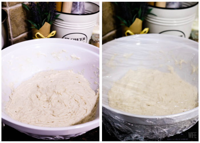 Bread Dough in White Bowl, covering with plastic wrap