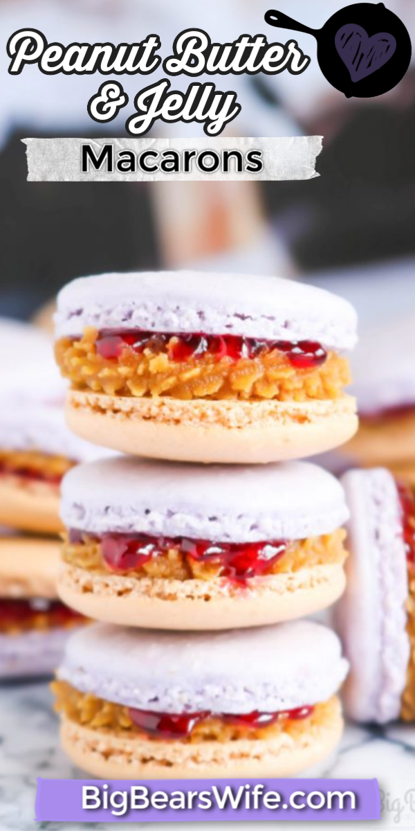 Peanut Butter and Jelly Macarons - Give your favorite sandwich a twist and turn the beloved, childhood classic, peanut butter and jelly sandwich into a homemade Peanut Butter & Jelly Macaron! These Peanut Butter & Jelly Macarons show off grape and peanut butter colored shells and are filled with a peanut butter and grape jelly filling!  via @bigbearswife
