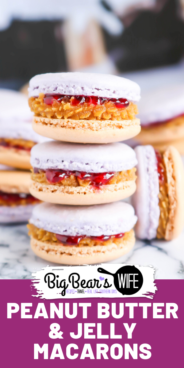 Peanut Butter & Jelly Macarons - Give your favorite sandwich a twist and turn the beloved, childhood classic, peanut butter and jelly sandwich into a homemade Peanut Butter & Jelly Macaron! These Peanut Butter & Jelly Macarons show off grape and peanut butter colored shells and are filled with a peanut butter and grape jelly filling!  via @bigbearswife