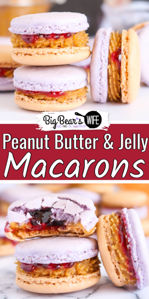 Peanut Butter & Jelly Macarons - Give your favorite sandwich a twist and turn the beloved, childhood classic, peanut butter and jelly sandwich into a homemade Peanut Butter & Jelly Macaron! These Peanut Butter & Jelly Macarons show off grape and peanut butter colored shells and are filled with a peanut butter and grape jelly filling! 