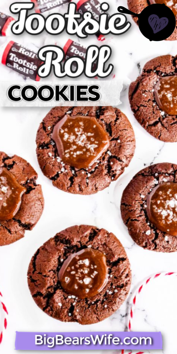 These chocolate Tootsie Roll® cookies take the forgotten and sometimes disregarded Tootsie Roll® to a whole new level.  Take the humble Tootsie Roll from zero to hero with these homemade chocolate thumbprint cookies filled with an easy to make Tootsie Roll® ganache and sprinkled with sea salt. via @bigbearswife