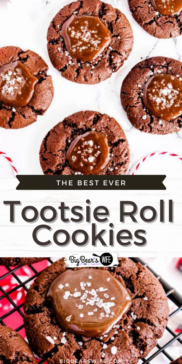 These chocolate Tootsie Roll® cookies take the forgotten and sometimes disregarded Tootsie Roll® to a whole new level.  Take the humble Tootsie Roll from zero to hero with these homemade chocolate thumbprint cookies filled with an easy to make Tootsie Roll® ganache and sprinkled with sea salt. via @bigbearswife