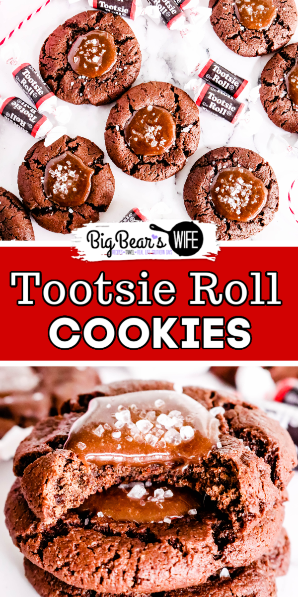 Tootsie Roll Cookies - These chocolate Tootsie Roll® cookies take the forgotten and sometimes disregarded Tootsie Roll® to a whole new level.  Take the humble Tootsie Roll from zero to hero with these homemade chocolate thumbprint cookies filled with an easy to make Tootsie Roll® ganache and sprinkled with sea salt. via @bigbearswife