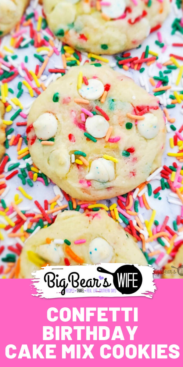 Confetti Birthday Cake Mix Cookies - These fantastic Confetti Birthday Cake Mix Cookies are make using white cake mix, extra vanilla and confetti chips plus there are sprinkles mixed in!!! They taste just like a cookie version of funfetti icing! via @bigbearswife