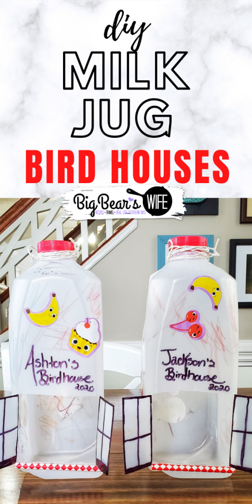 DIY Milk Jug Bird House - Don't toss that milk jug, lets recycle it into a craft! An easy craft for toddlers and kids to recycle milk jugs into bird houses. You can also use this as a bird feeder.