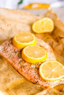 Easy Mediterranean Seasoned Parchment Paper Salmon -  Dinner in under 30 minutes! This recipe for Easy Mediterranean Seasoned Parchment Paper Salmon is quick to make and easy to adapt for all kinds of different seasonings. 
