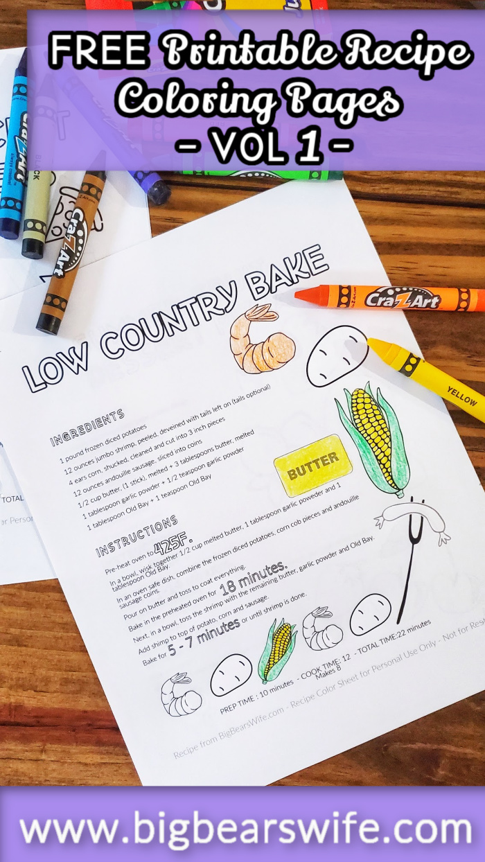 FREE Printable Recipe Coloring Pages – VOL 1- Get the kids into the kitchen with these free printable recipe coloring sheet. Let them help you create the dish and then let them coloring the recipe pages while the dish is baking or mixing! via @bigbearswife