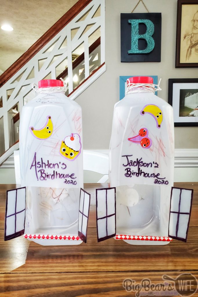 DIY Milk Jug Bird Houses - An easy craft for toddlers and kids to recycle milk jugs into bird houses. 