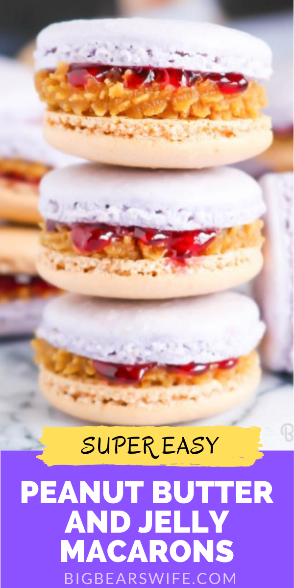 Give your favorite sandwich a twist and turn the beloved, childhood classic, peanut butter and jelly sandwich into a homemade Peanut Butter & Jelly Macaron! These Peanut Butter and Jelly Macarons show off grape and peanut butter colored shells and are filled with a peanut butter and grape jelly filling!  via @bigbearswife