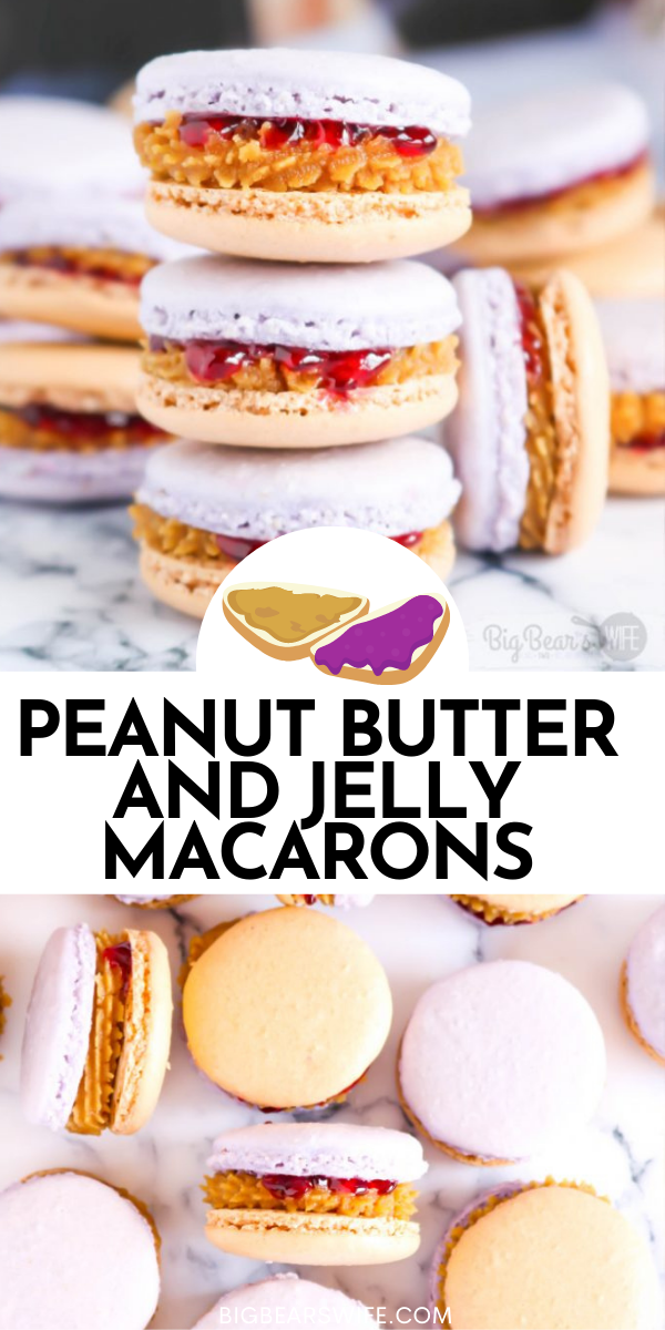 Give your favorite sandwich a twist and turn the beloved, childhood classic, peanut butter and jelly sandwich into a homemade Peanut Butter & Jelly Macaron! These Peanut Butter and Jelly Macarons show off grape and peanut butter colored shells and are filled with a peanut butter and grape jelly filling!  via @bigbearswife
