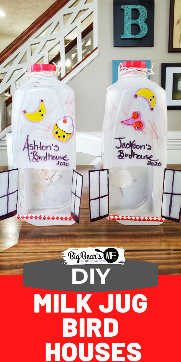 DIY Milk Jug Bird House - Don't toss that milk jug, lets recycle it into a craft! An easy craft for toddlers and kids to recycle milk jugs into bird houses. You can also use this as a bird feeder. via @bigbearswife