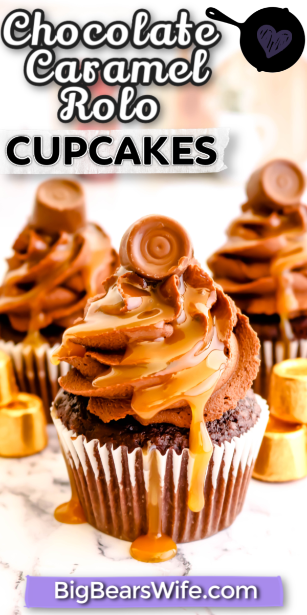 Chocolate Caramel Rolo Cupcakes - The perfect combination of chocolate and caramel come together with these homemade Chocolate Caramel Rolo Cupcakes! Homemade chocolate cupcakes are stuffed with a Rolo® chocolate and topped with fudgy chocolate frosting, drizzled caramel sauce and finished off with another Rolo® candy for the ultimate indulgent treat. via @bigbearswife
