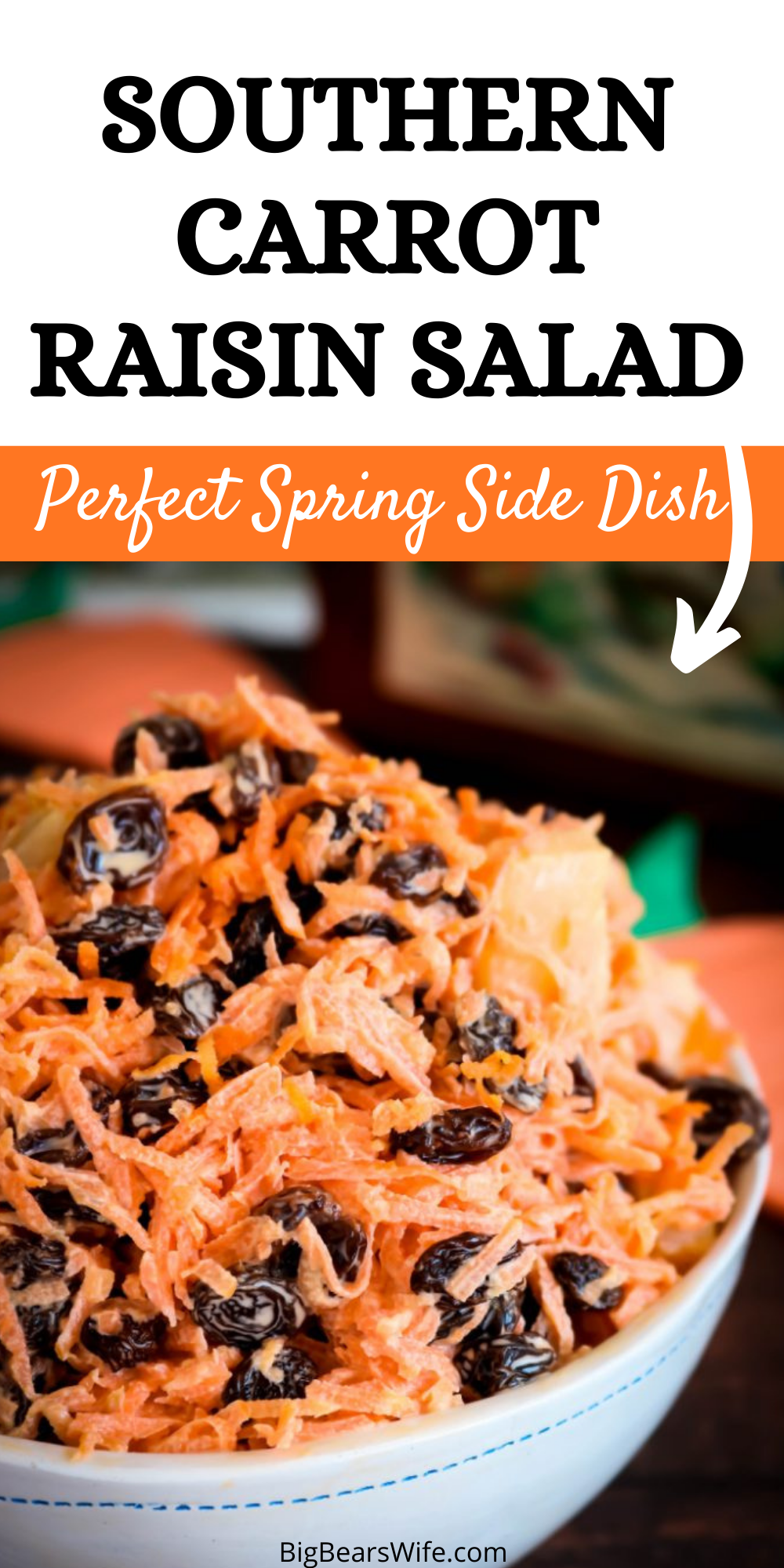 This southern Carrot Raisin Salad tastes like homemade southern coleslaw without the cabbage. It’s easy to make and a great side dish for picnics, potlucks, cookouts and Sunday dinners! via @bigbearswife
