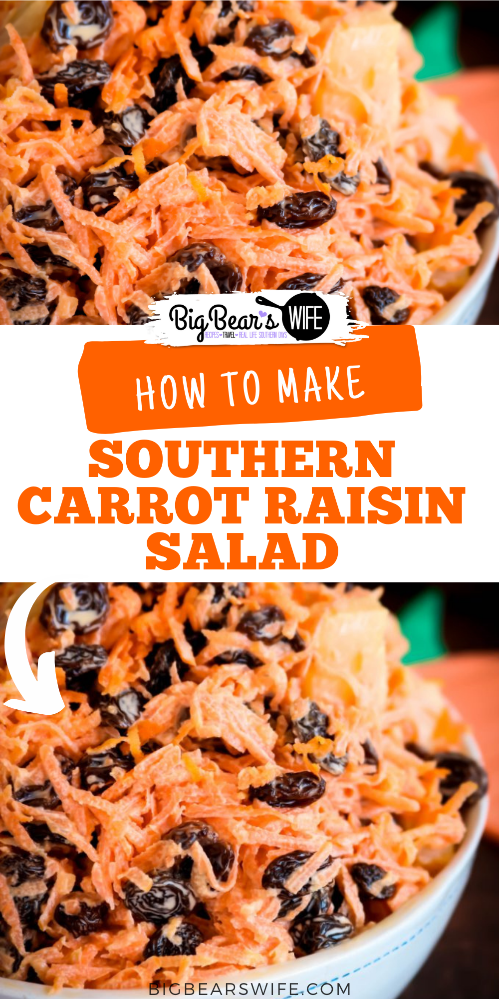 This southern Carrot Raisin Salad tastes like homemade southern coleslaw without the cabbage. It’s easy to make and a great side dish for picnics, potlucks, cookouts and Sunday dinners! via @bigbearswife