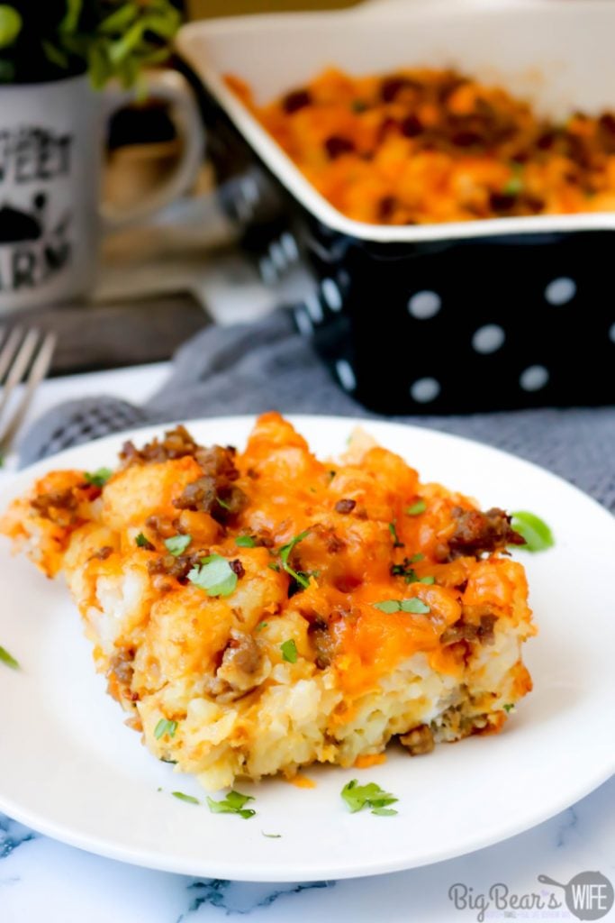Sausage, Egg and Cheese Tater Tot Casserole - A breakfast casserole that's perfect any morning or even great made the night before! This Sausage, Egg and Cheese Tater Tot Casserole is packed with all of your breakfast favorites! 