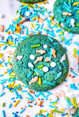 Shark Cookies Cake Mix Style - Shark Obsessed? Love ocean life? These Shark Cookies are for you! Blue and Ocean Green Marbled and topped with Shark sprinkles for the perfect Shark Cookies Cake Mix Style!
