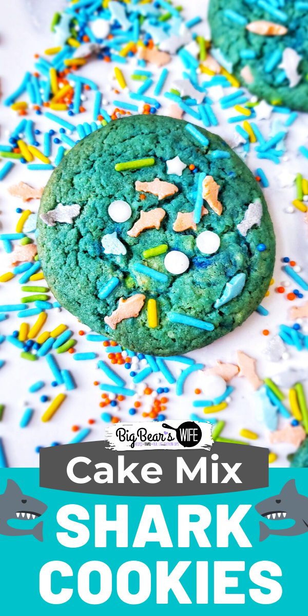 Shark Cookies Cake Mix Style - Shark Obsessed? Love ocean life? These Shark Cookies are for you! Blue and Ocean Green Marbled and topped with Shark sprinkles for the perfect Shark Cookies Cake Mix Style! via @bigbearswife