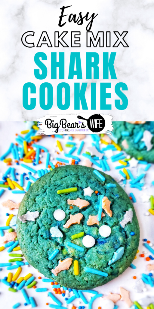 Shark Cookies Cake Mix Style - Shark Obsessed? Love ocean life? These Shark Cookies are for you! Blue and Ocean Green Marbled and topped with Shark sprinkles for the perfect Shark Cookies Cake Mix Style!