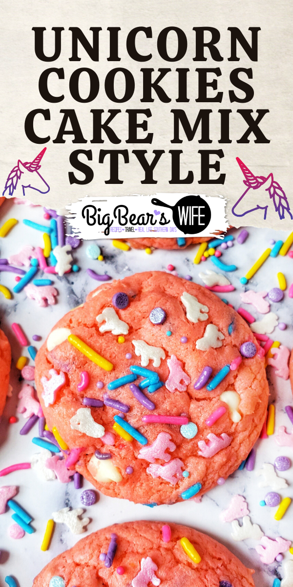 Unicorn Cookies Cake Mix Style - Want a cute and fun dessert in under 30 minutes? These cake mix Unicorn cookies are the answer! They're perfect for a weeknight treat with the kids or as a dessert for a Unicorn themed party! via @bigbearswife