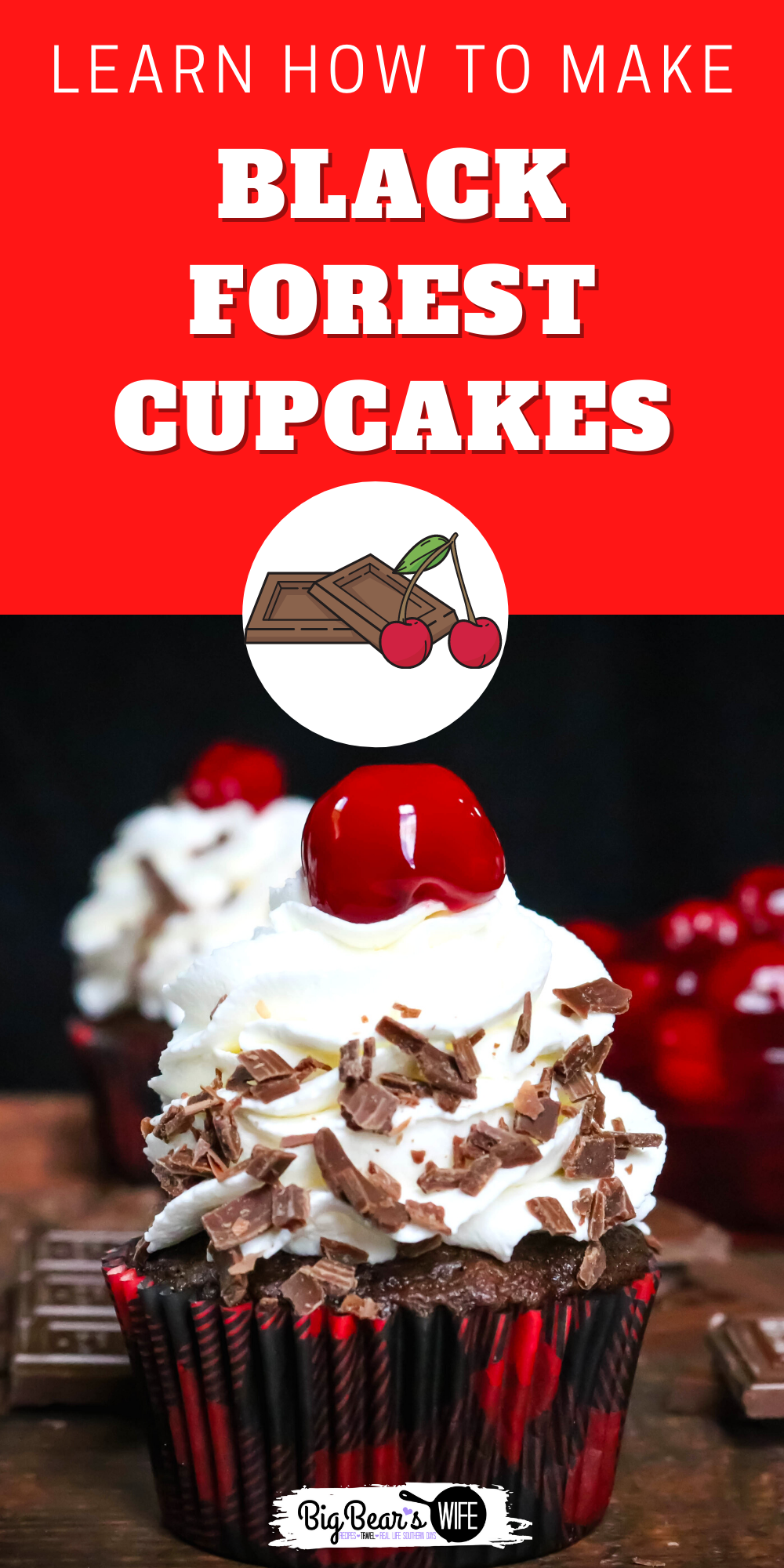  Chocolate and Cherry marry perfectly in these Black Forest Cupcakes! Chocolate cupcakes filled with cherry pie filling and topped with a homemade vanilla whipped cream frosting.  via @bigbearswife
