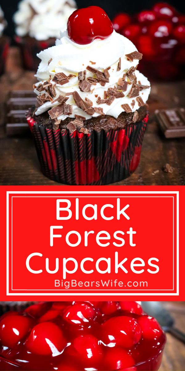 Black Forest Cupcakes - Chocolate and Cherry marry perfectly in these Black Forest Cupcakes! Chocolate cupcakes filled with cherry pie filling and topped with a homemade vanilla whipped cream frosting.  via @bigbearswife