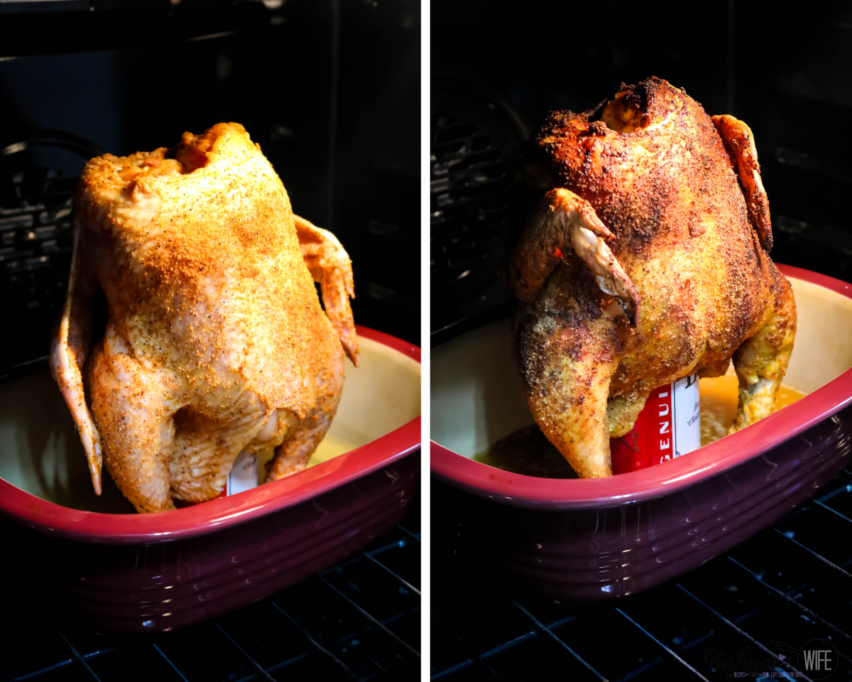 Beer Can chicken in oven before and after being cooked