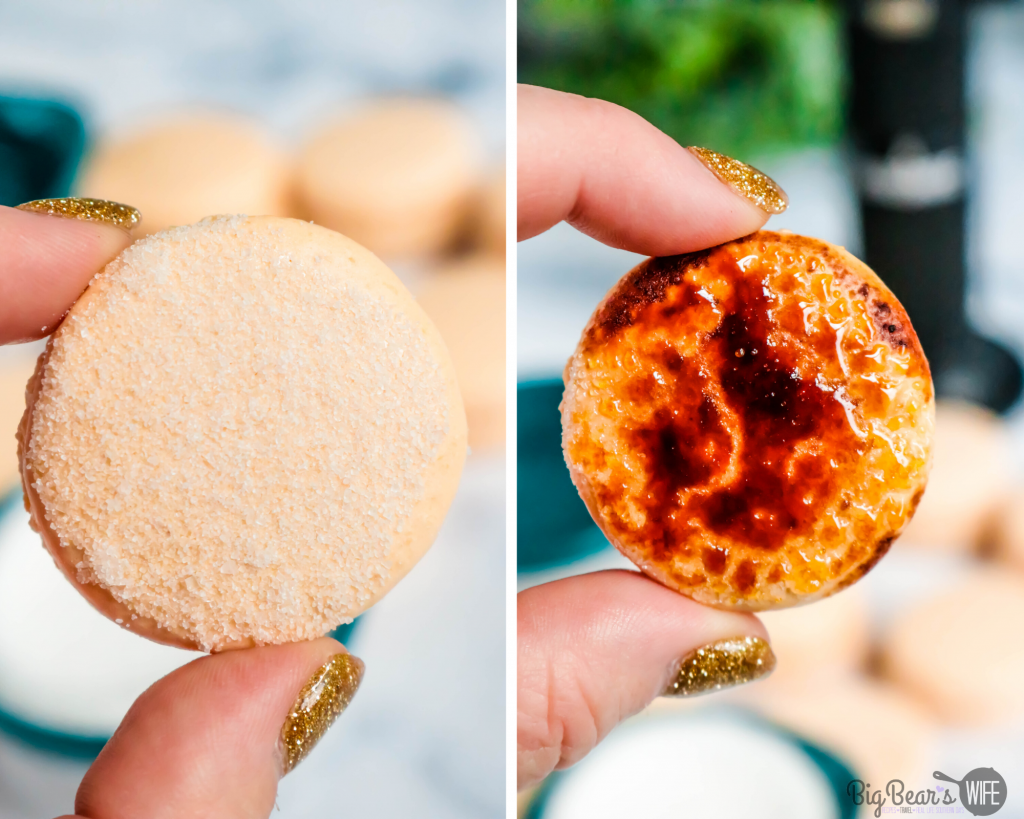 Before and After of Bruleeing tops of macarons