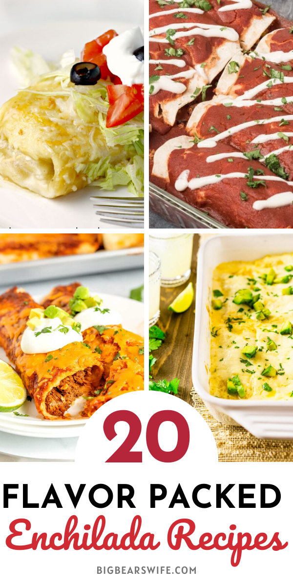 20 Flavor Packed Enchilada Recipes - Craving Enchiladas? Want to learn how to make them at home? Here 20 Flavor Packed Enchilada Recipes that you are going to fall in love with! Beef Enchiladas, Chicken Enchiladas, Vegan Enchiladas and even Breakfast Enchiladas are on this list!! via @bigbearswife
