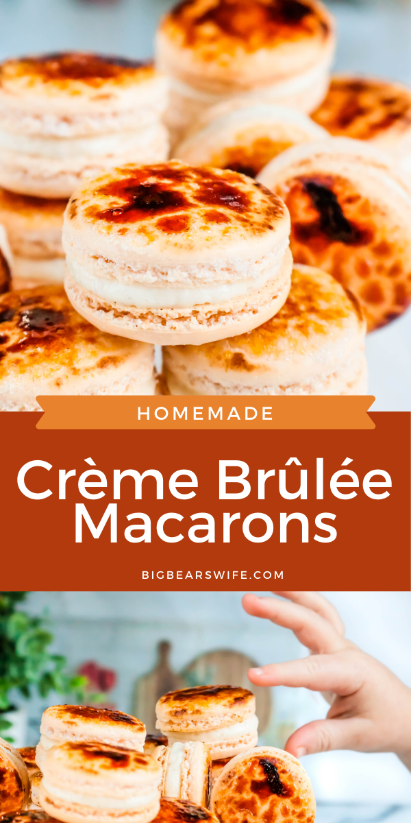 Two amazing french desserts combined into one sweet treat! Homemade Creme Brulee Macarons are filled with a homemade Vanilla Bean buttercream and finished off with that classic Crème Brûlée torched sugar crust!   via @bigbearswife