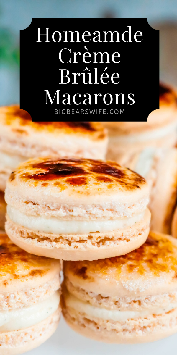 Two amazing french desserts combined into one sweet treat! Homemade Creme Brulee Macarons are filled with a homemade Vanilla Bean buttercream and finished off with that classic Crème Brûlée torched sugar crust!   via @bigbearswife