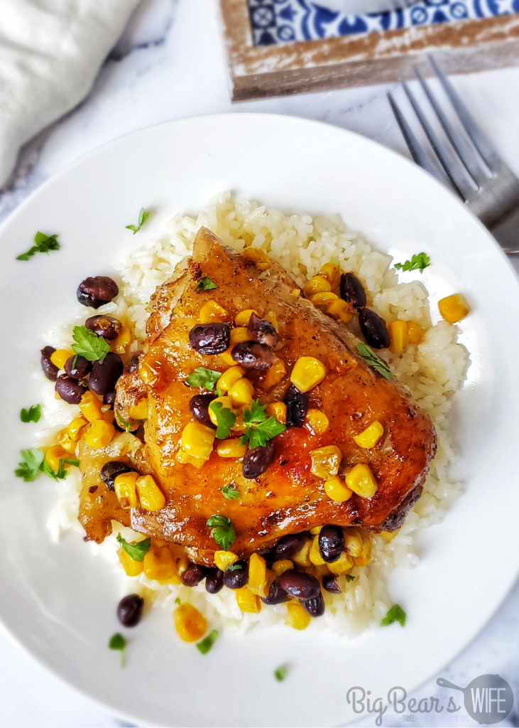 Taco Chicken Thighs with Beans and Corn - Taco Chicken Thighs with Beans and Corn is a one pot meal that's perfect on it's own or served on top of rice! 