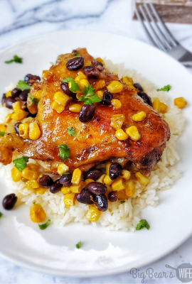 Taco Chicken Thighs with Beans and Corn - Taco Chicken Thighs with Beans and Corn is a one pot meal that's perfect on it's own or served on top of rice!