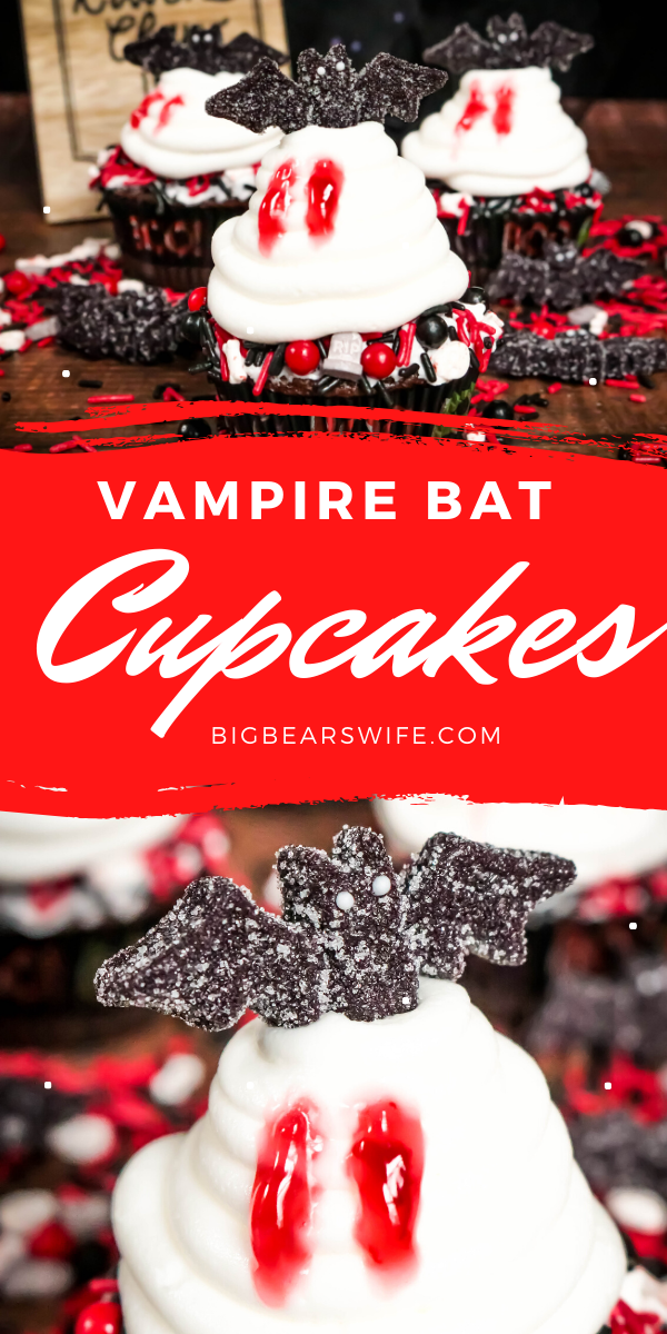 Vampire Bat Cupcakes - Welcome Halloween with these fun and easy Vampire Bat Cupcakes! Vampire bats are resting on top of each cupcake  but they made sure to snag a bite before they did! via @bigbearswife