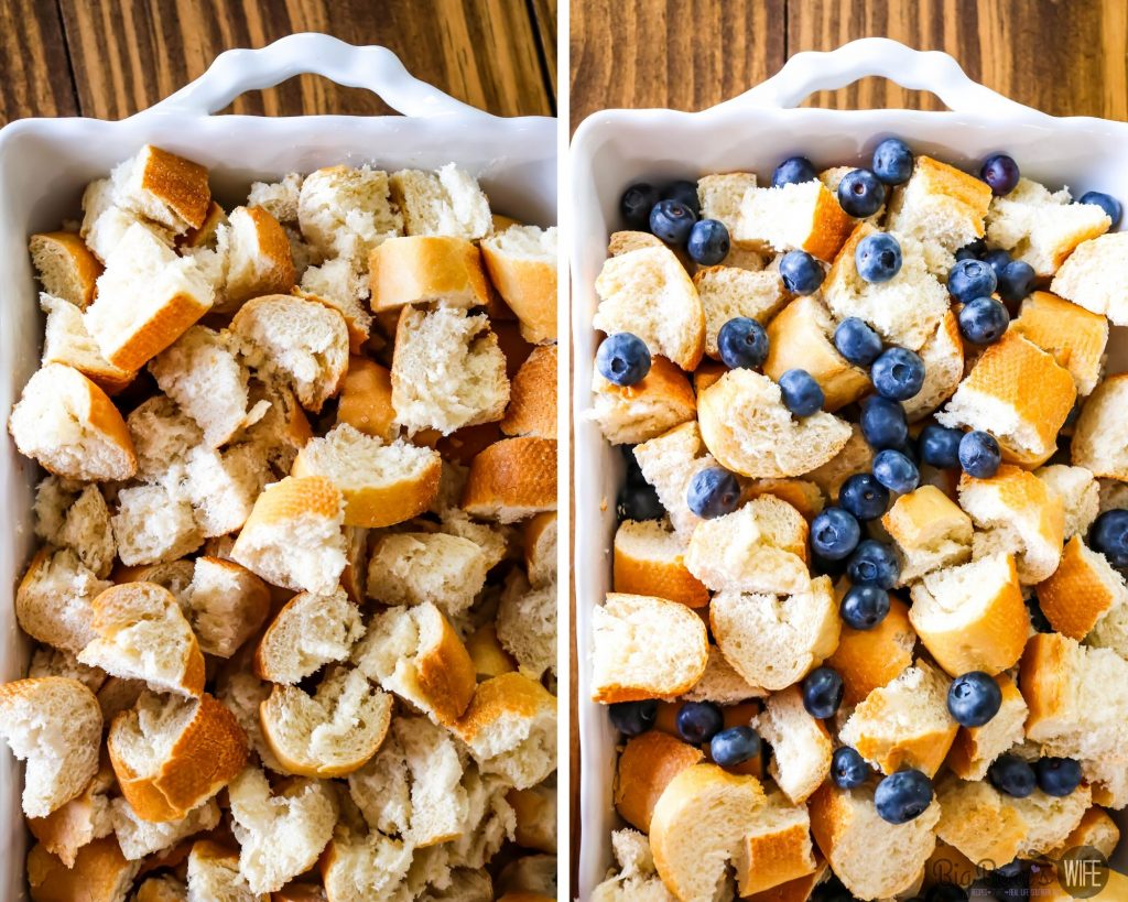 Cubed Bread on the left with blueberries added into on the right