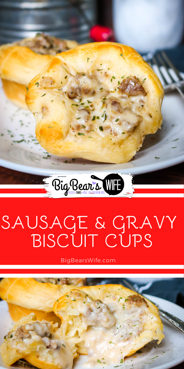 Sausage and Gravy Biscuit Cups - These little biscuit cups are packed full of homemade southern sausage gravy and then baked until golden brown! Sausage and Gravy Biscuit Cups are perfect for breakfast or brunch!  via @bigbearswife