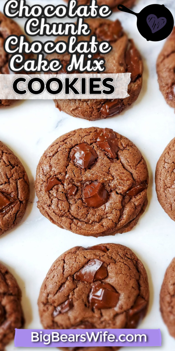 Chocolate Chunk Chocolate Cake Mix Cookies - These Chocolate Chunk Chocolate Cake Mix Cookies easily mixed and baked in about 30 minutes and they're perfect for any chocolate lover! They're soft and packed with chocolate chunks!  via @bigbearswife